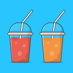 Set Of Juice Or Milkshake In Takeaway Plastic Cup Vector Icon Illustration. Cold Drinks In Plastic Cups With Ice