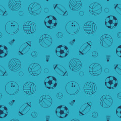sport seamless pattern. balls hand drawn doodle. vector, scandinavian, nordic, minimalism, monochrome. sports equipment, game, football, basketball, volleyball, baseball, bowling, tennis, rugby.