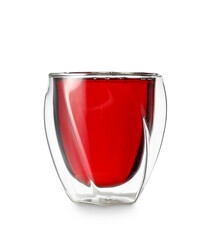 Glass of delicious pomegranate juice on white background