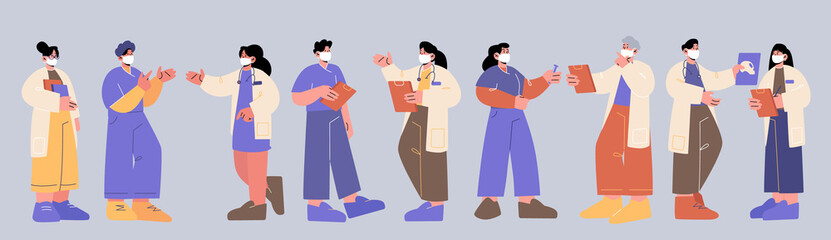 Obraz premium Doctors, nurses, hospital medical staff in face masks. Healthcare and medicine workers in professional uniform. Vector flat set of clinic team, people with stethoscope and clipboard