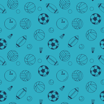 sport seamless pattern. balls hand drawn doodle. vector, scandinavian, nordic, minimalism, monochrome. sports equipment, game, football, basketball, volleyball, baseball, bowling, tennis, rugby.