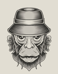 illustration vintage monkey head with hat