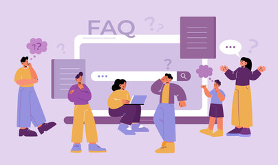 Pensive people ask questions, search answers online. Vector flat illustration of FAQ page with curious and puzzled characters, laptop, question marks and speech bubbles