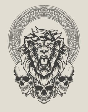 illustration lion head with skull monochrome style