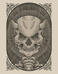illustration skull demon with engraving style
