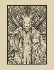 illustration baphomet god with engraving style