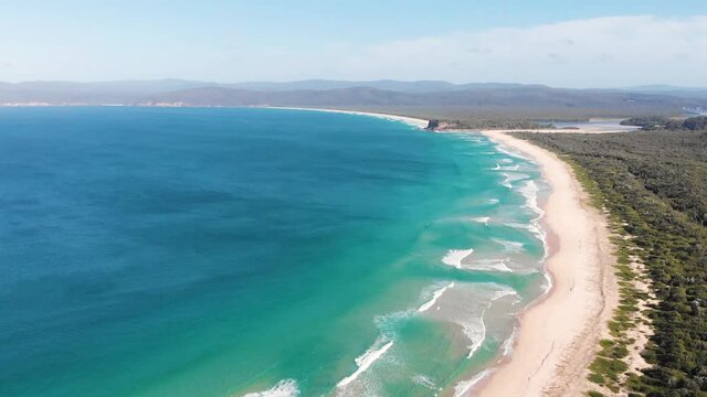 Forward Flying Drone Shot Of Wonboyn Beach Next To Ben Boyd National Park And The Australian Town of Eden. New South Wales, Australia