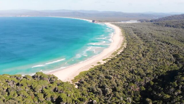 Slow Forward Flying Drone Shot Of Wonboyn Beach Next To Ben Boyd National Park And The Australian Town of Eden. New South Wales, Australia