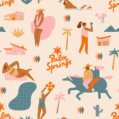 Palm springs Mid century modern funny seamless pattern with cartoon characters, tourists, Marlin Monroe and other attractions. Vector illustration - 481078265