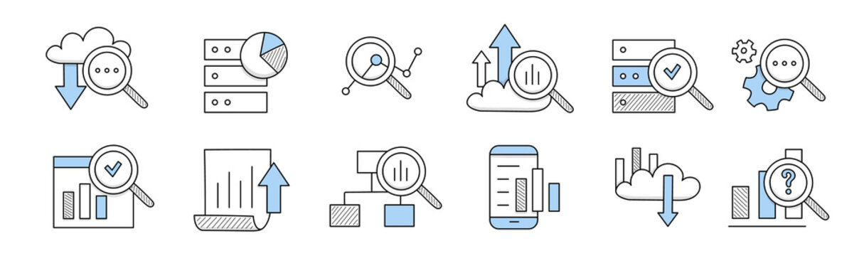 Data analysis doodle icons set. Information cloud storage, magnifying glass, graph, arrow and envelope. Server, cogwheels and documents, smartphone with column charts, Line art vector illustration
