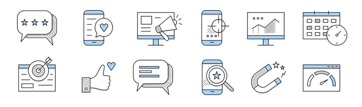 SMM doodle icons speech bubble with stars, smartphone and like button, pc with megaphone, mobile with target on screen, computer display with graph, calendar, thumb up, Line art vector signs set