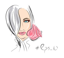 A sketch of a portrait by hand with a girl's face makeup, holding a rose flower near her head.