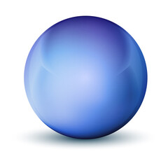 Glass blue ball or precious pearl. Glossy realistic ball, 3D abstract vector illustration highlighted on a white background. Big metal bubble with shadow