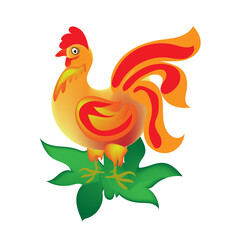 Beautiful bright rooster with tail and wings on a white background with grass