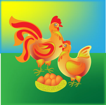 Bright cock and hen with eggs in a nest on a farm on a summer background