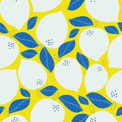 Geel met schattige witte citroenen en blauwe bladeren naadloos patroonontwerp als achtergrond.