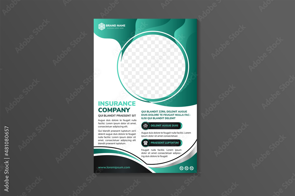Aufkleber insurance company flyer design template use vertical layout. white background combined with black an