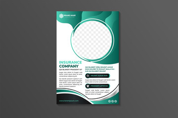 insurance company flyer design template use vertical layout. white background combined with black and green gradient on elements. circle shape for space of photo collage. wave fluid style. 