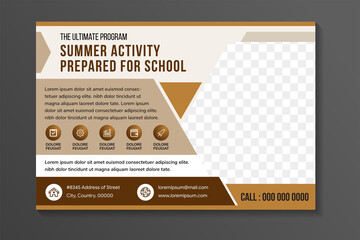 Naklejka premium the ultimate summer program activity flyer design template use horizontal layout. multicolored brown background combined with white. hexagon shape for space of photo collage.