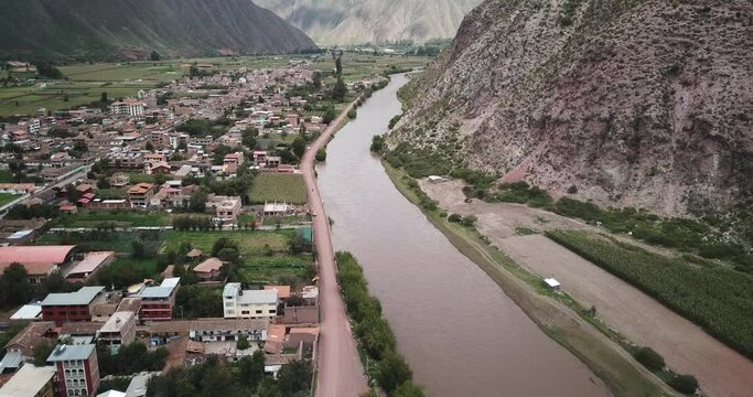 View of agriculture structure made by Inca culture in Yucay. Town in the Sacred Valley in the Peruvian Andes.