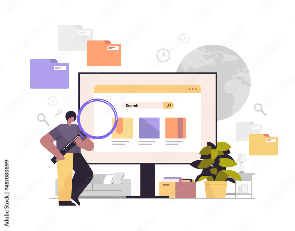 Poster businessman using magnifying glass web page data analyzing man examining surface of browser window o