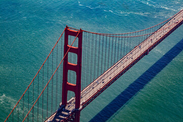 Beautiful Clear Overhead View of Cars Driving on the Golden Gate Bridge over the Bay in San Francisco, California, USA