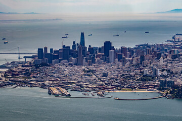 Beautiful Aerial View of Downtown San Francisco with Several Ships Coming into Port in San Francisco, California, USA