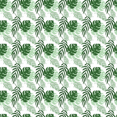 Tropical floral foliage palm leaves seamless pattern white. Exotic jungle wallpaper.