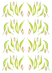Hand-drawn watercolor pattern of green leaves on a white background.
