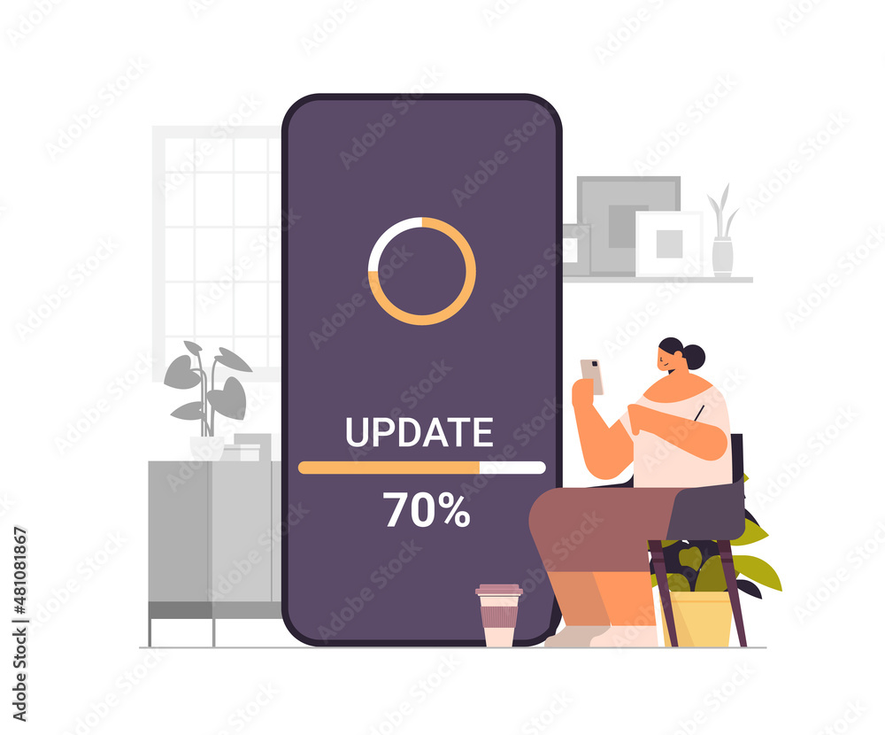 Poster woman updating operating system update process install new software on smartphone