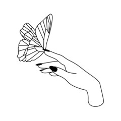 Hand with a butterfly, illustration line. Line logo for a beauty master, nail master.Editable stroke.