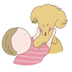 飼い主の女の子に顔をいじられる犬