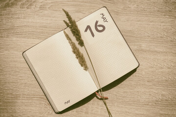 may 16. 16th day of month, calendar date.Blank pages of notebook are beige, with dried spikelets....