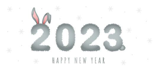 2023 year of rabbit. Large numbers with cute bunny ears. Chinese New Year symbol. Festive greeting card. Vector illustration isolated on white background.