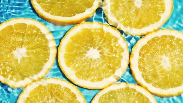 Macro orange fruit slices and blue water surface texture with ripple and splash 