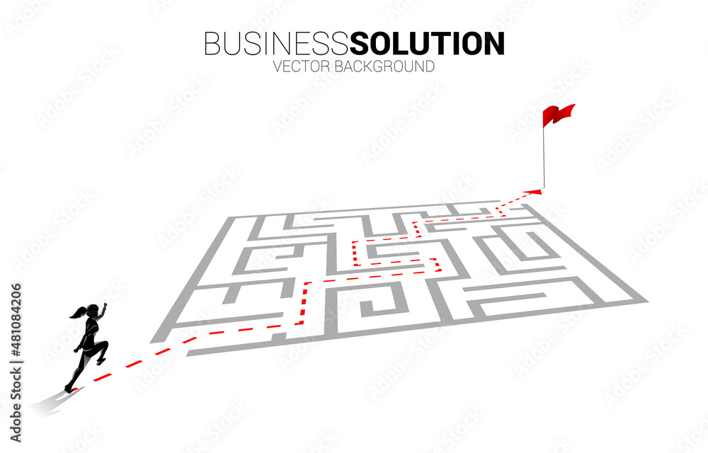 Poster Silhouette of businessman running on route path in the maze to goal. Business concept for problem solving and finding idea.