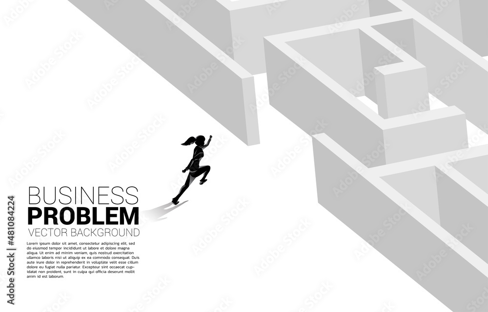Poster Silhouette of businesswoman running to enter to maze. Business concept for problem solving and solution strategy