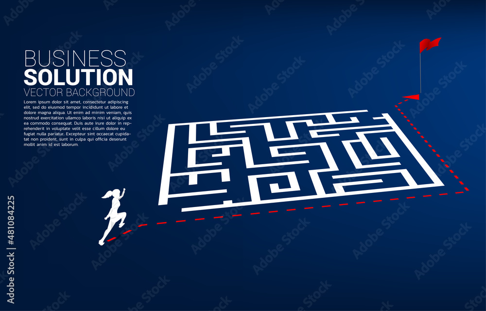 Poster Silhouette of businesswoman with route path go around the maze to goal. Business concept for problem solving and finding idea.