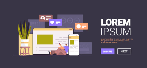 man using computer and mobile chatting apps online communication social media network concept