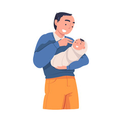 Man Character Holding Wrapped Baby with Arms Nursing Him Vector Illustration