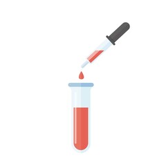 Laboratory research dropper and test tube, blood test flat vector cartoon icon
