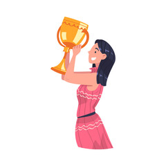 Woman Winner Holding Golden Cup as Trophy and Award Vector Illustration