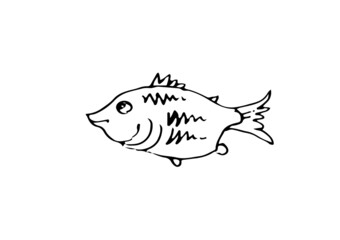 Wild fish. Aquatic animal character. Underwater world. Outline sketch. Hand drawing is isolated on a white background. Vector