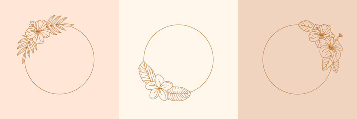 Circle Tropical Frames with Hibiscus and Frangipani Flowers. Vector Monogram in Minimal Linear Style.
