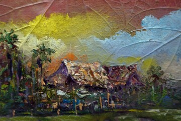   Art painting Oil color Hut northeast Thailand Countryside 