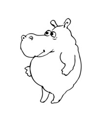 Fat hippo funny. Cheerful wild animal. A comical character. Outline sketch. Hand drawing is isolated on a white background. Vector