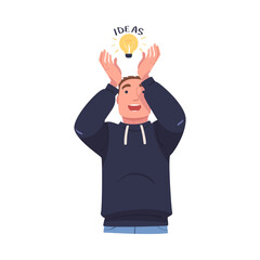 Young Man Reaching Hands to Glowing Light Bulb Having Idea Vector Illustration