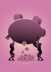 Businesswoman holding piggy bank upside down