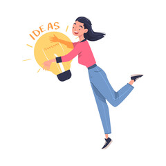 Smiling Woman with Glowing Light Bulb Having Idea Vector Illustration