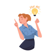 Young Woman with Glowing Light Bulb Having Idea Vector Illustration